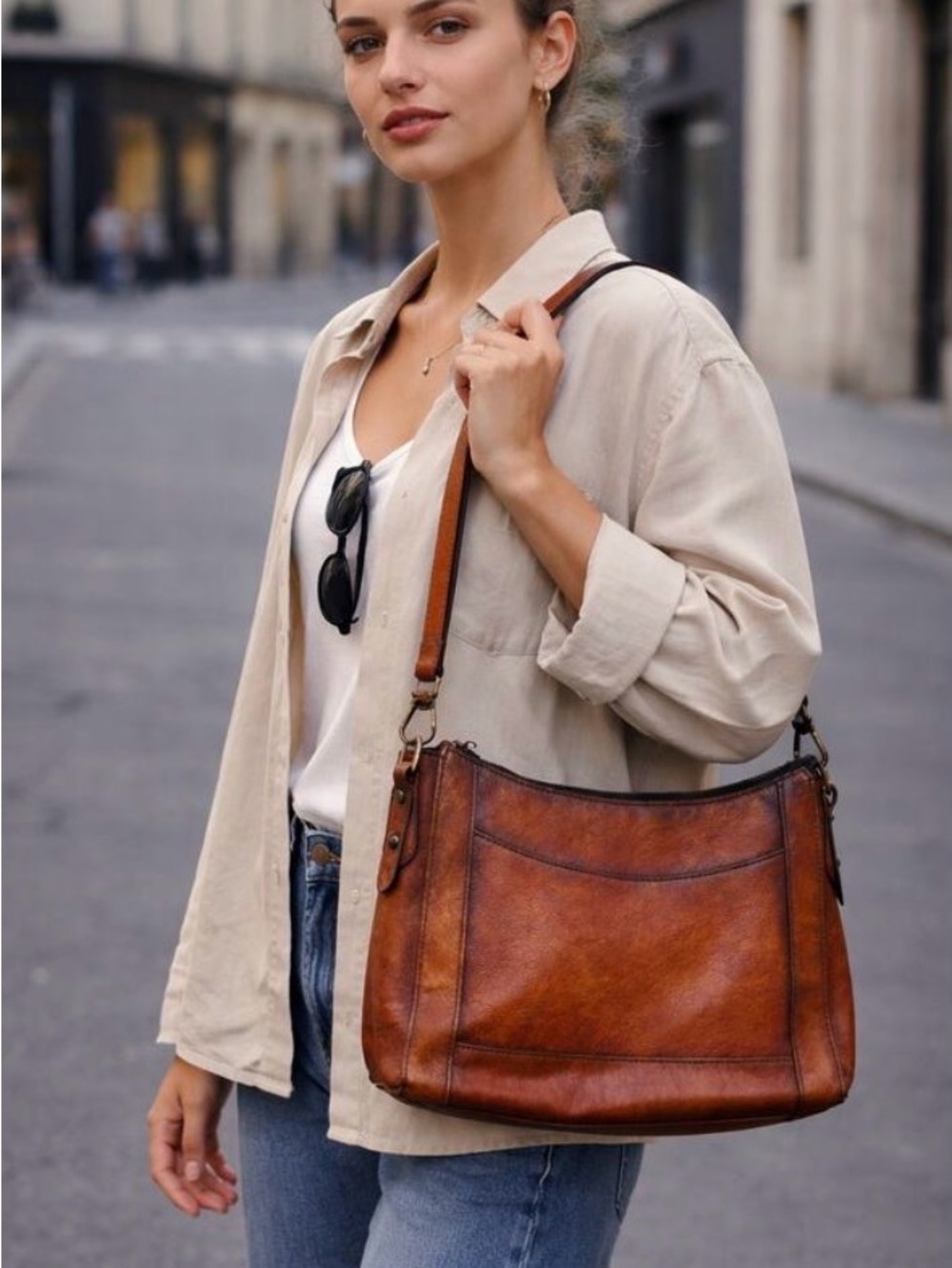 Iswee Cognac Brown Genuine Leather Crossbody Bag Vintage